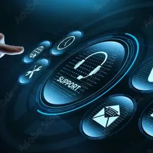 Hand pointing to a futuristic holographic interface representing digital technical support